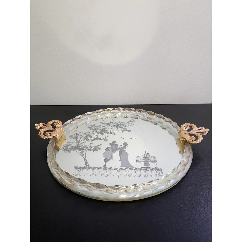 Italian Murano Venetian Etched Glass Mirror Gold Fleck Twist Rope Vanity Tray